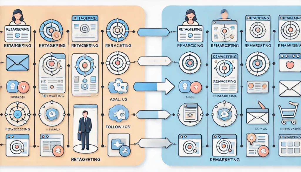 Comparaison visuelle entre le retargeting et le remarketing, montrant les annonces ciblées et les emails de suivi