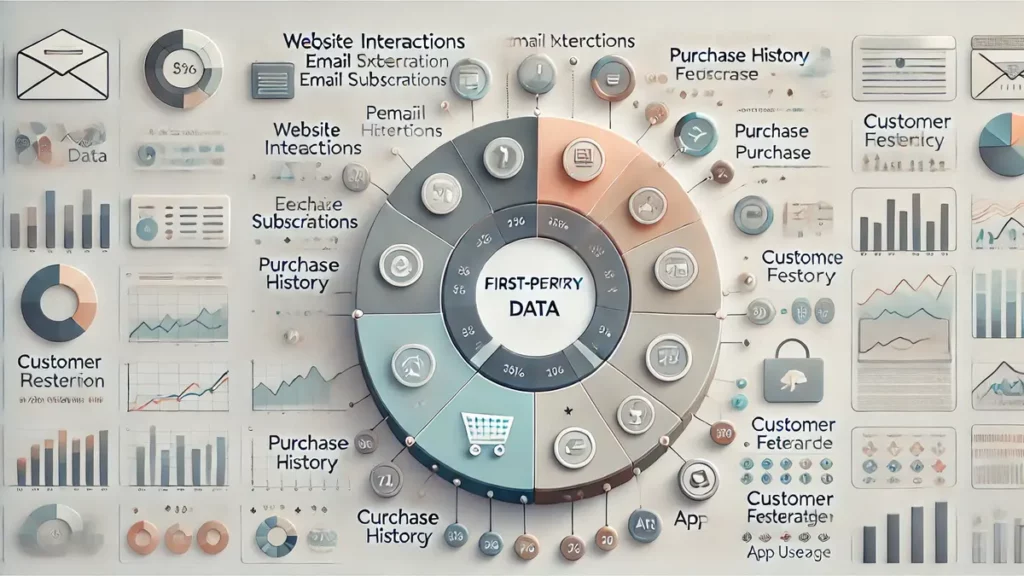 Graphique représentant les sources de données propriétaires, conforme à la nouvelle politique des cookies de Google, incluant interactions sur site, abonnements email et historique d'achat