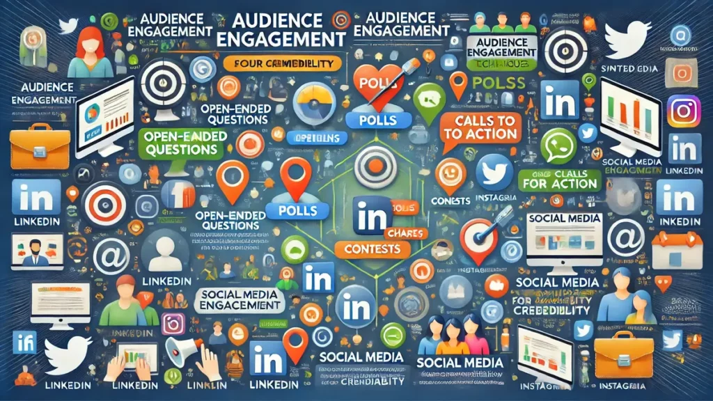 Illustration des techniques d’engagement de l’audience avec questions ouvertes, sondages, concours et appels à l’action, ainsi que l’importance des réseaux sociaux pour la crédibilité avec des icônes de LinkedIn, Twitter et Instagram