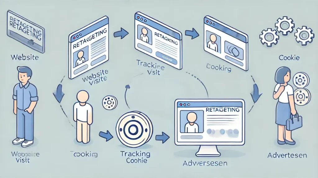 Illustration du processus de retargeting, de la visite initiale à l'affichage d'une annonce