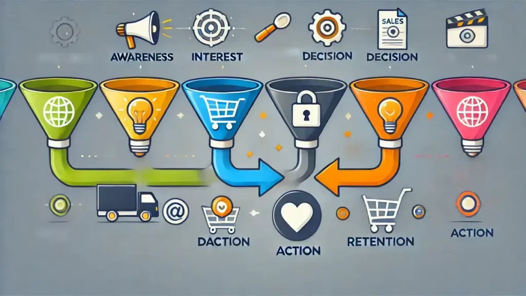 Illustration d'un tunnel de vente avec cinq étapes prise de conscience, intérêt, décision, action et fidélisation, avec des icônes et des flèches dépendant chaque phase.