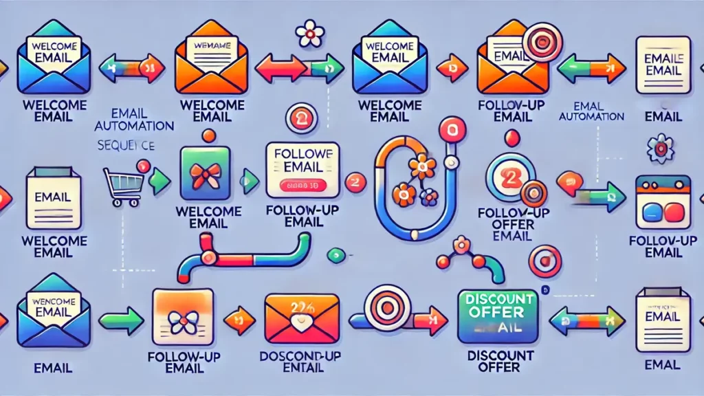 Illustration d'une séquence d'automatisation d'emails avec des icônes représentant un email de bienvenue, un suivi, et une offre de réduction, reliés par des flèches montrant le flux après un achat