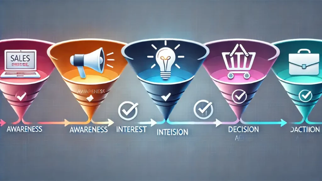Illustration élégante d'un entonnoir de vente avec quatre étapes clés Sensibilisation, Intérêt, Décision et Action, utilisant des icônes modernes pour chaque étape.