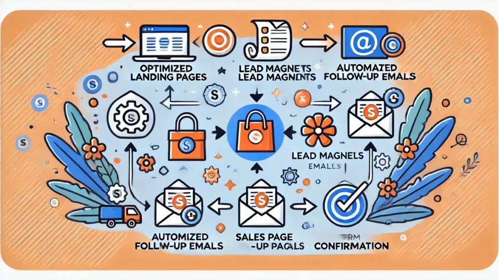 Illustration moderne des éléments clés d'un tunnel de vente efficace avec pages de destination optimisées, offres d'appât, emails automatisés, témoignages et pages de confirmation