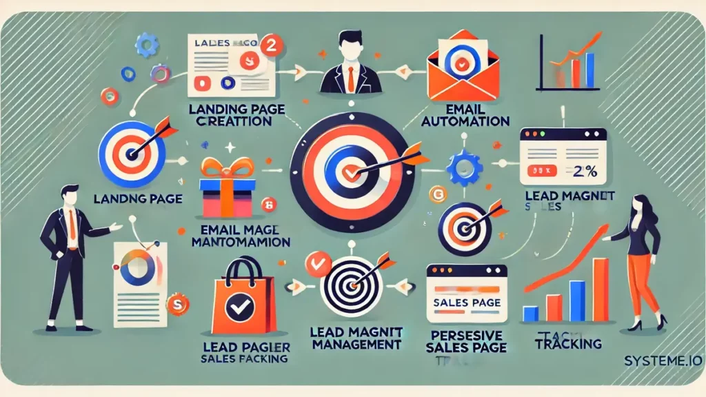 Illustration moderne des étapes clés de l'utilisation de Systeme.io pour la gestion d'un tunnel de vente création de pages de destination, automatisation des emails, gestion des offres d'appât, conception de pages de vente et suivi des performances