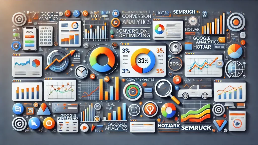 Image illustrant l’analyse et l’optimisation des résultats marketing avec des outils analytiques tels que Google Analytics, Hotjar, et SEMrush, avec des graphiques et indicateurs de performance