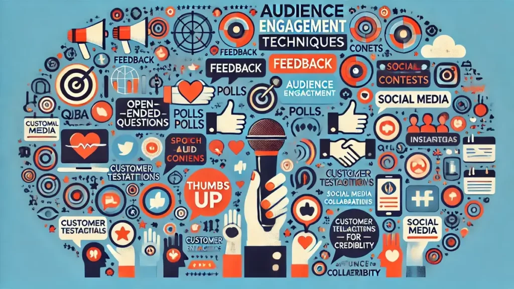 Image illustrant les techniques d’engagement de l’audience et l’importance des réseaux sociaux pour la crédibilité, avec des icônes de questions ouvertes, feedback, sondages, et plateformes comme Facebook et Instagram