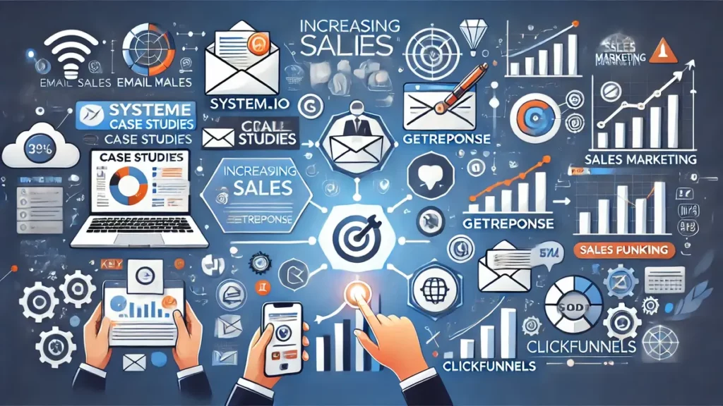Image représentant des études de cas réussies avec Systeme.io, GetResponse et ClickFunnels, montrant une augmentation des ventes, l'amélioration des conversions et la réduction des coûts avec des graphiques et icônes de marketing par email, tunnels de vente et analyses
