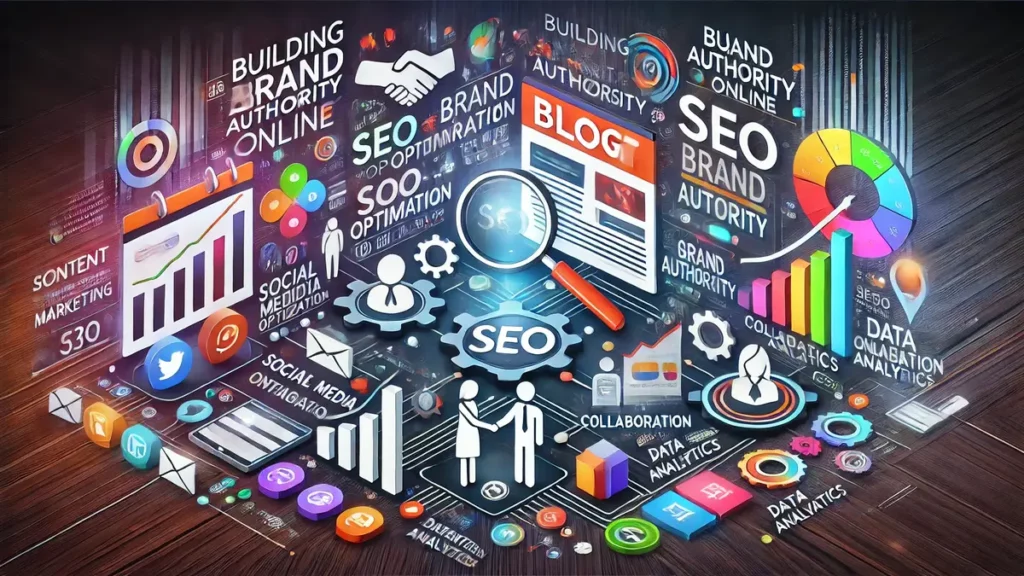 Image représentant la construction de l’autorité de marque en ligne via le marketing de contenu, avec un article de blog optimisé pour le SEO, des icônes de médias sociaux, une collaboration entre influenceur et marque, et des symboles d’analyse de données