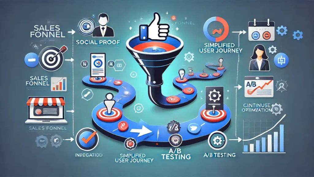 Image représentant un tunnel de vente optimisé avec intégration de preuves sociales, parcours utilisateur simplifié, et icônes de tests A/B pour l'optimisation continue