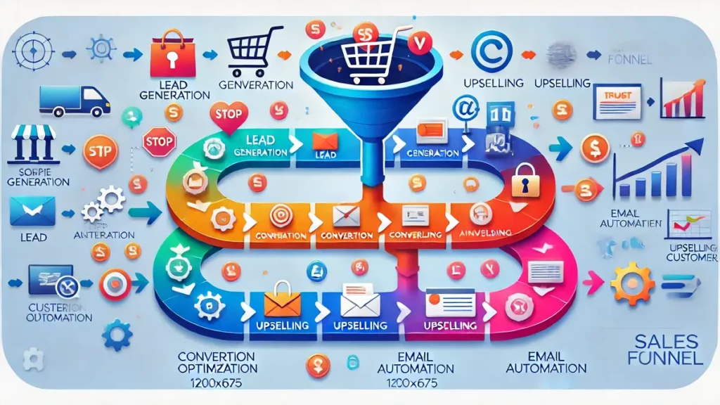 Tunnel de vente optimisé illustré avec des icônes pour la génération de leads, la conversion, l'upsell et l'automatisation des emails