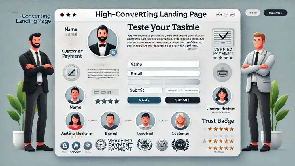 Page de destination avec un formulaire minimaliste, une section témoignages de clients et des badges de confiance clairement visibles. Mise en page simple et conviviale avec des champs pour le nom, l'email et un bouton d'envoi. Les badges de confiance sont affichés pour renforcer la crédibilité