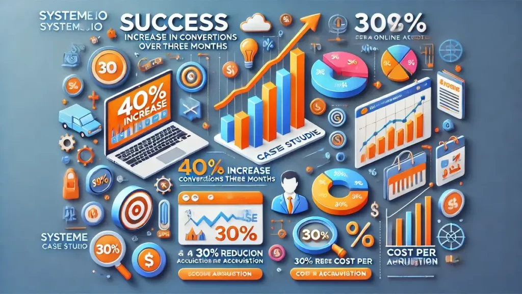 Représentation visuelle de deux études de cas de réussite avec Systeme.io, montrant une augmentation de 40% des conversions pour un coach en ligne et une réduction de 30% du coût par acquisition pour une boutique en ligne