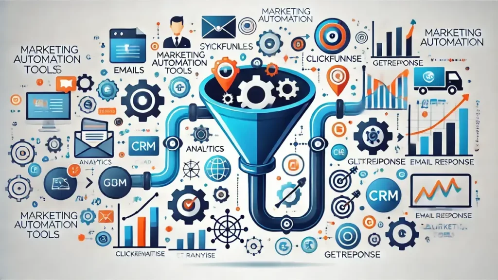 Représentation visuelle des outils d'automatisation marketing incluant Systeme.io, ClickFunnels, et GetResponse, avec icônes d'emails, CRM, intégrations web et analyses montrant l'optimisation des campagnes et la conversion des leads