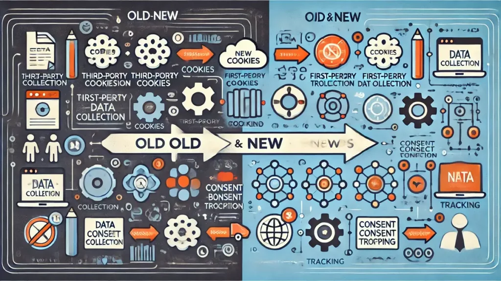 Schéma comparant les anciennes méthodes de collecte de données avec des cookies tiers aux nouvelles méthodes basées sur le consentement et la collecte de données propriétaires conforme à la nouvelle politique des cookies de Google