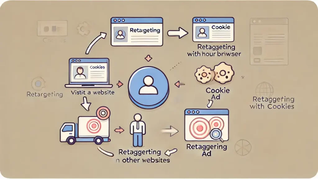 Schéma expliquant le rôle des cookies dans le processus de retargeting, avec des icônes représentant une visite de site, un cookie et l'affichage d'une annonce ciblée