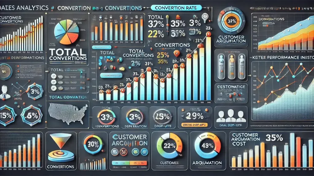 Tableau de bord d'analyse de données montrant les taux de conversion à différentes étapes d'un entonnoir de vente, avec graphiques et indicateurs clés de performance (KPIs)