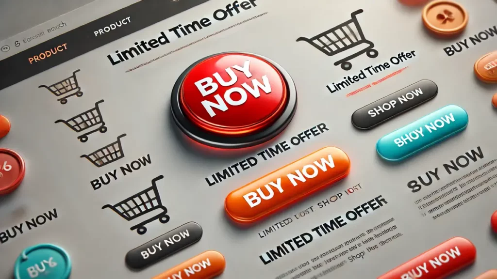 Un bouton d'appel à l'action sur une page produit avec des éléments d'urgence comme le texte 'offre limitée dans le temps' et des icônes de paniers d'achat. Le bouton utilise un design audacieux et invitant, avec des couleurs vives telles que le rouge ou l'orange et un texte clair comme 'Acheter maintenant'. La mise en page met l'accent sur l'urgence tout en restant conviviale, grâce à une typographie en gras et des couleurs vibrantes