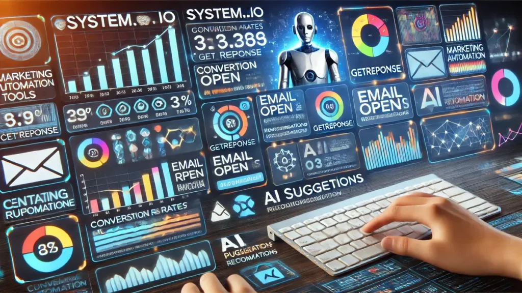 Vue de tableau de bord des outils d'automatisation marketing comme Systeme.io, GetResponse et ClickFunnels, avec des recommandations basées sur l'IA et suivi des performances