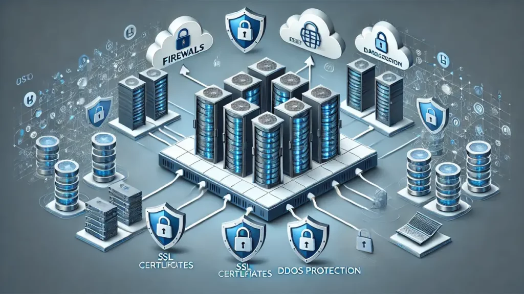 eprésentation visuelle d'un centre de données avec des couches de sécurité, incluant des pare-feux, des certificats SSL et une protection DDoS.