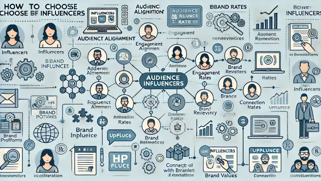 Illustration des critères de sélection des influenceurs pour une campagne marketing, incluant l’alignement de l’audience, les taux d’engagement, la pertinence de la marque et l’importance de la relation de confiance