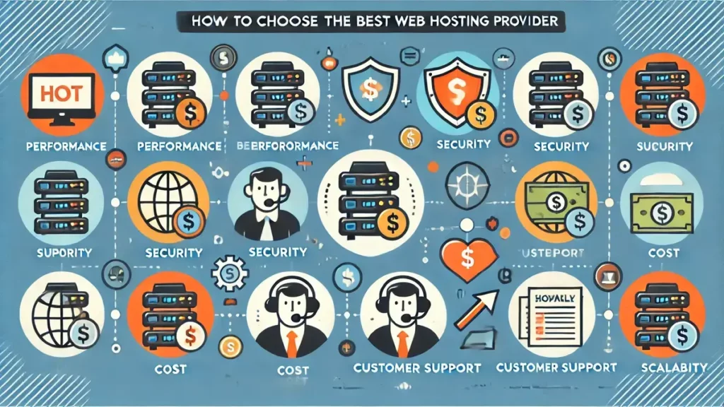 Image illustrant comment choisir le meilleur hébergeur web, avec des icônes représentant la performance des serveurs, la sécurité, le coût, le support client et l’évolutivité