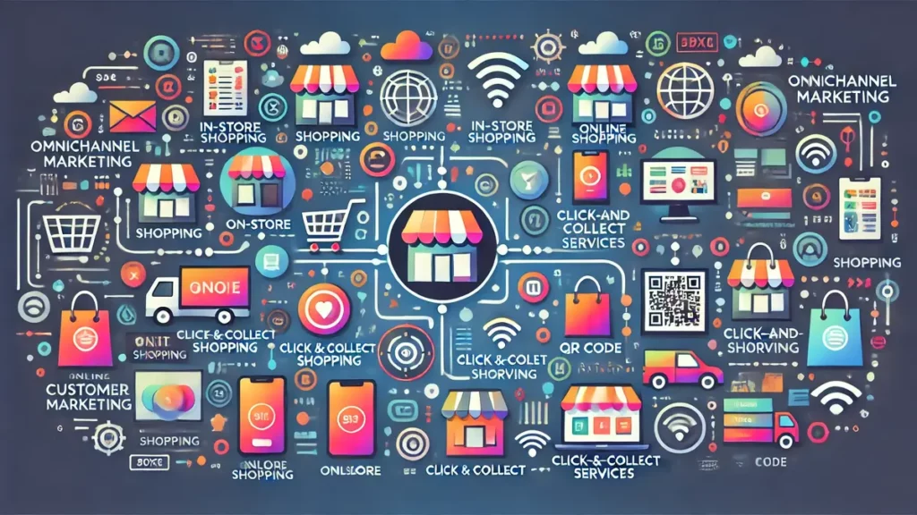 Image illustrant le marketing omnicanal avec une expérience client fluide à travers les points de contact physiques et numériques, incluant shopping en ligne, click-and-collect et intégration de QR codes