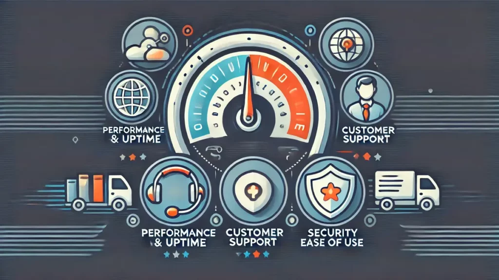 Image illustrant les critères clés pour choisir un hébergeur web, incluant la performance, le support client, la sécurité et la facilité d’utilisation avec des icônes pour chaque critère