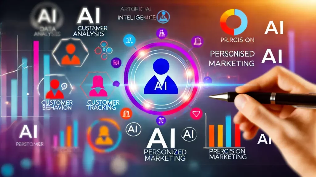 Image illustrant l’impact de l’intelligence artificielle sur la personnalisation marketing, avec des éléments de suivi du comportement client, analyse des données et recommandations personnalisées