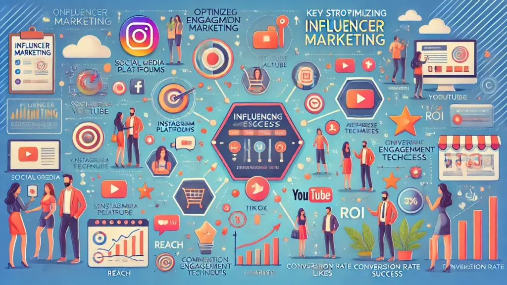 Infographie illustrant les stratégies clés pour optimiser le marketing d’influence, avec des plateformes de médias sociaux, des techniques d’engagement de l’audience, des collaborations avec influenceurs et des métriques de réussite comme le taux de conversion et le ROI