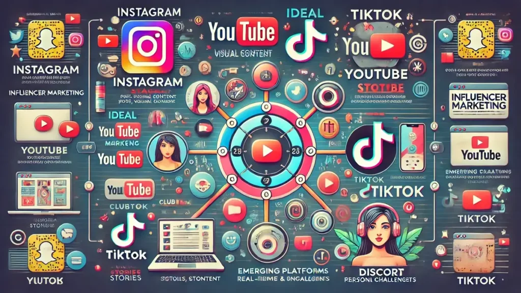 Infographie représentant les plateformes clés du marketing d’influence, incluant Instagram, YouTube, TikTok, ainsi que les plateformes émergentes comme Clubhouse et Discord, avec leurs logos respectifs et caractéristiques uniques