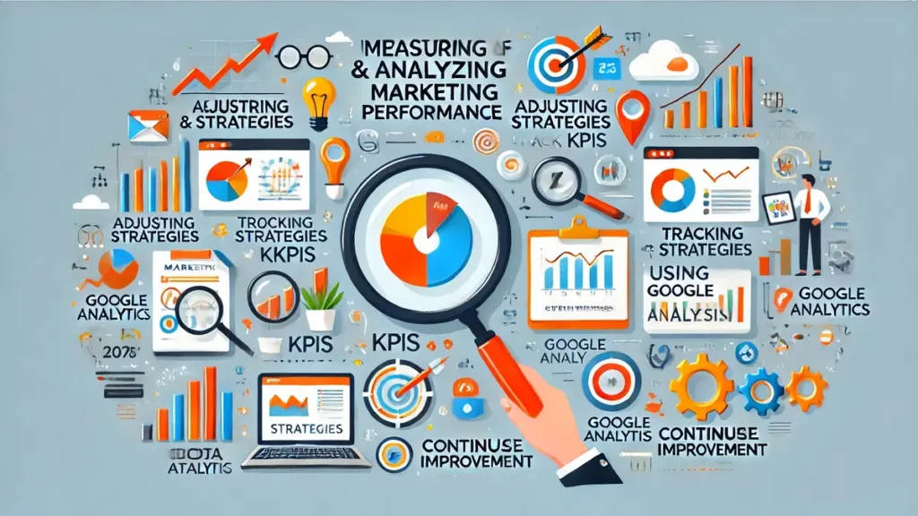 Infographie sur l’importance de mesurer et analyser les performances marketing, avec des points clés comme ajustement des stratégies, suivi des KPIs, amélioration continue et utilisation d’outils comme Google Analytics