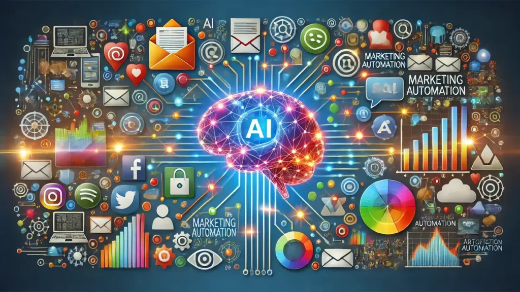 Image dynamique illustrant l’automatisation du marketing avec l’intelligence artificielle, avec un cerveau numérique connecté aux éléments de marketing comme les emails, réseaux sociaux, graphiques d’analyse et chatbots