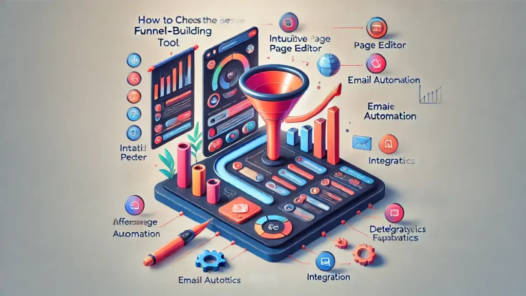 Image illustrant comment choisir le meilleur outil de création de tunnels de vente, avec des fonctionnalités clés comme éditeur intuitif, automatisation des emails, analyses détaillées et intégration, mettant en avant Systeme.io