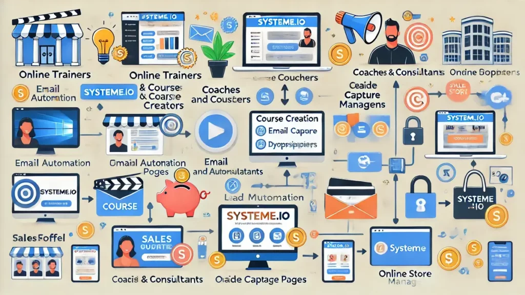 Image illustrant des exemples d’utilisation de Systeme.io pour différents types de business : formateurs en ligne, coachs et consultants, propriétaires de boutiques en ligne et dropshippers