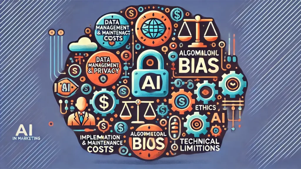 Image illustrant les défis et limites de l’utilisation de l’IA en marketing, incluant la gestion des données, les coûts, les biais algorithmiques, et les limites techniques