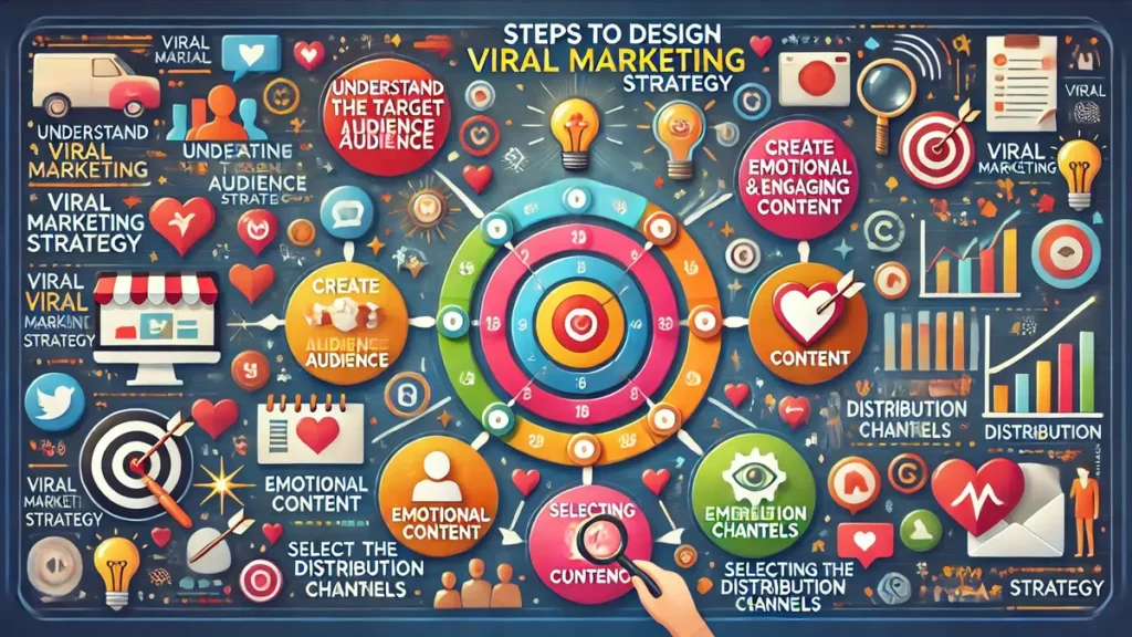 Image illustrant les étapes pour concevoir une stratégie de marketing viral efficace : connaître son audience cible, créer un contenu émotionnel et engageant, et sélectionner les canaux de diffusion adaptés