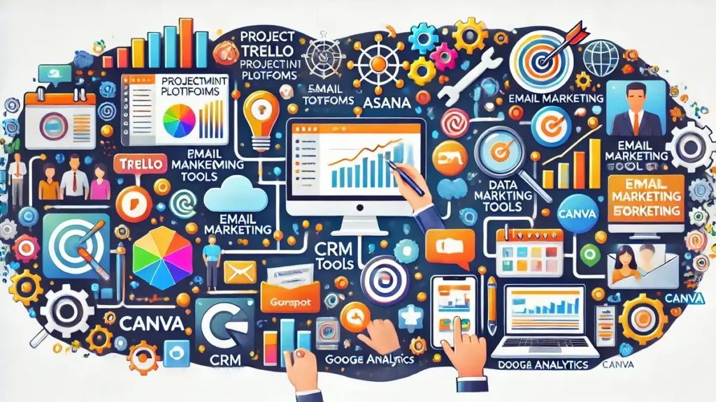 Image illustrant les outils indispensables pour une stratégie de communication réussie, incluant Trello, Asana, GetResponse, HubSpot, Google Analytics et Canva, symbolisant collaboration et efficacité