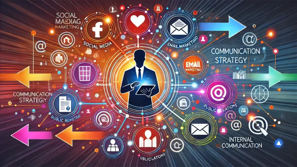 Image illustrant une stratégie de communication complète avec des icônes interconnectées pour les réseaux sociaux, l’email marketing, les relations publiques et la communication interne, symbolisant coordination et succès