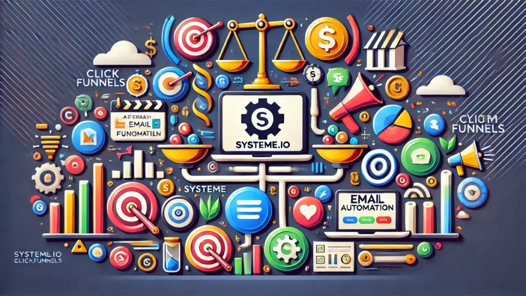 Image professionnelle mettant en avant Systeme.io comme alternative à ClickFunnels, illustrant ses avantages : simplicité, prix abordable, création de tunnels, automatisation des emails et gestion de cours