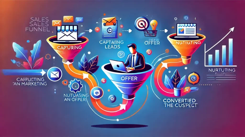 Illustration du concept d’un tunnel de vente avec des étapes comme la capture de leads, la présentation d’offres, la conversion de prospects en clients, et des icônes pour le marketing par email, les analyses et le commerce en ligne