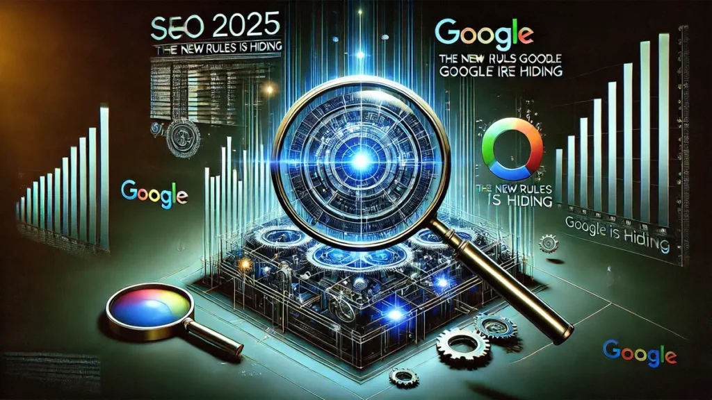 Illustration numérique futuriste représentant SEO 2025 : Les nouvelles règles que Google cache, avec des algorithmes de recherche abstraits, des graphiques de classement et une loupe symbolisant la découverte en SEO