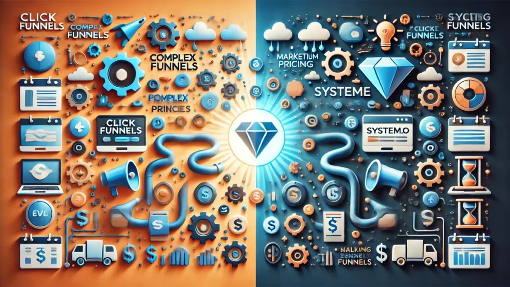 Image comparant ClickFunnels et Systeme io avec un design en écran partagé, montrant ClickFunnels comme complexe et coûteux, et Systeme io comme simple, abordable et tout-en-un