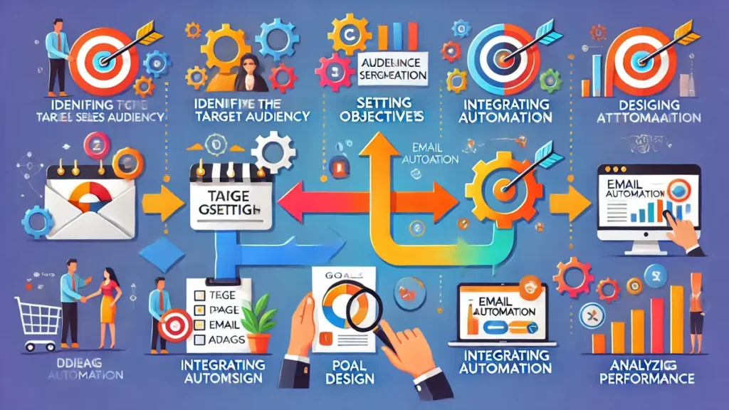 Image illustrant les étapes pour créer un tunnel de vente performant : identification de l’audience, définition des objectifs, conception de pages attractives, automatisation et analyse des performances