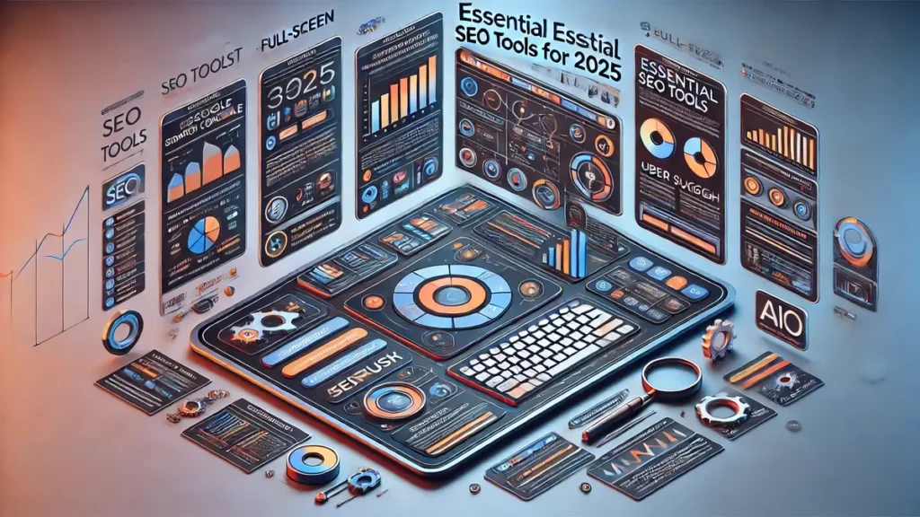Infographie moderne présentant les outils SEO essentiels pour 2025, incluant Ahrefs, SEMrush, ChatGPT, Bard, Gemini, Google My Business et les stratégies de netlinking avancées