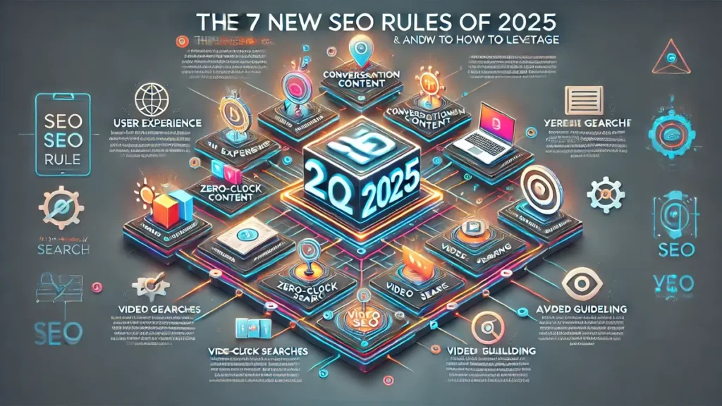 Infographie rectangulaire présentant les 7 nouvelles règles SEO de 2025 et comment les exploiter, incluant l’expérience utilisateur, l’IA, le contenu conversationnel et le netlinking