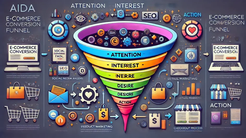Infographie du tunnel de conversion e-commerce basé sur le modèle AIDA : Attention, Intérêt, Désir, Action, illustrant les étapes pour optimiser les ventes en ligne
