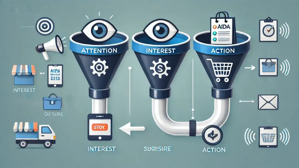Infographie illustrant l'application de la méthode AIDA (Attention, Intérêt, Désir, Action) dans un tunnel de conversion e-commerce, optimisant le parcours client et augmentant les ventes