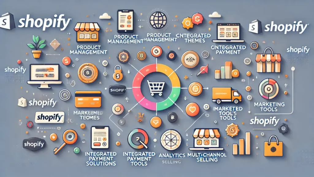 Infographie illustrant les fonctionnalités clés de Shopify, incluant la gestion des produits, les outils de marketing, l’intégration des paiements et les options de personnalisation pour le e-commerce